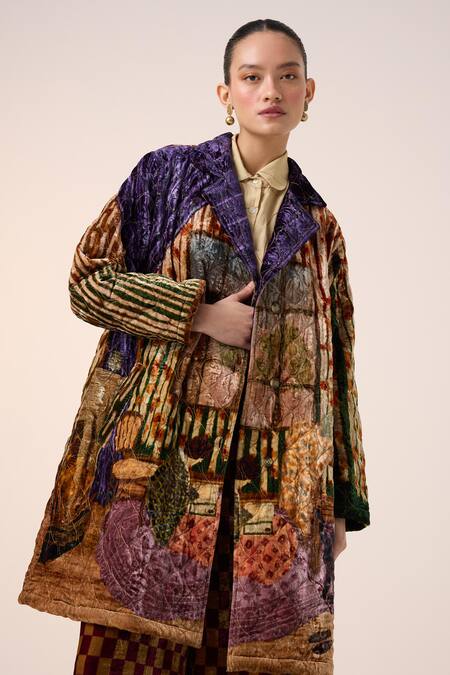 Shop Cord Multi Color Velvet Embroidery Collared Quilted Jacket And Pant Set Online at Aza Fashions Shop_Cord_Multi Color Velvet Embroidery Collared Quilted Jacket And Pant Set _Online_at_Aza_Fashions