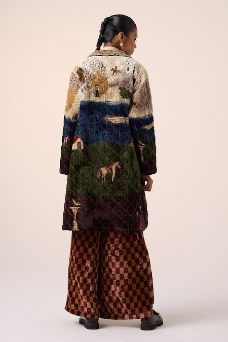 Shop_Cord_Multi Color Velvet Embroidery Collared Village Print Jacket And Pant Set _at_Aza_Fashions