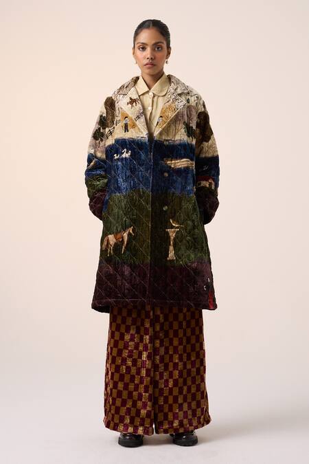 Buy_Cord_Multi Color Velvet Embroidery Collared Village Print Jacket And Pant Set _Online_at_Aza_Fashions