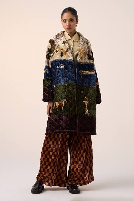 Shop_Cord_Multi Color Velvet Embroidery Collared Village Print Jacket And Pant Set _Online_at_Aza_Fashions