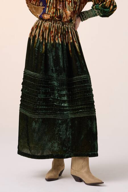 Shop_Cord_Green Velvet Home Alone Pintucked Skirt _at_Aza_Fashions