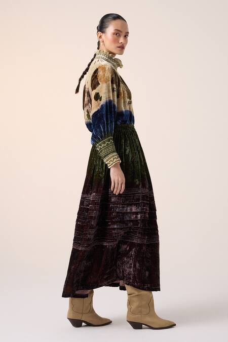 Buy_Cord_Purple Velvet Pintuck Ombre Midi Skirt _Online_at_Aza_Fashions