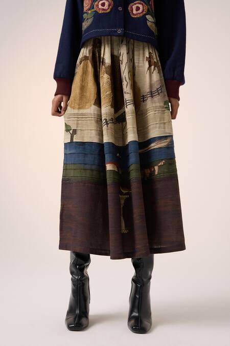 Shop_Cord_Multi Color Cotton Pintuck Village Print Skirt _at_Aza_Fashions