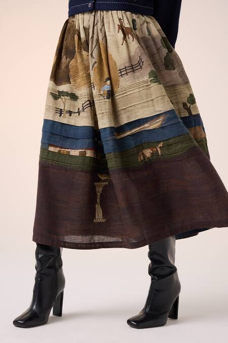 Cord_Multi Color Cotton Pintuck Village Print Skirt _Online_at_Aza_Fashions