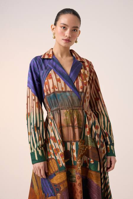 Cord_Multi Color Cotton Collared Home Alone Print Midi Dress _Online_at_Aza_Fashions