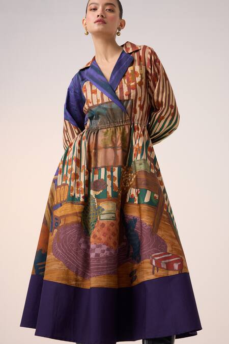 Buy_Cord_Multi Color Cotton Collared Home Alone Print Midi Dress _Online_at_Aza_Fashions