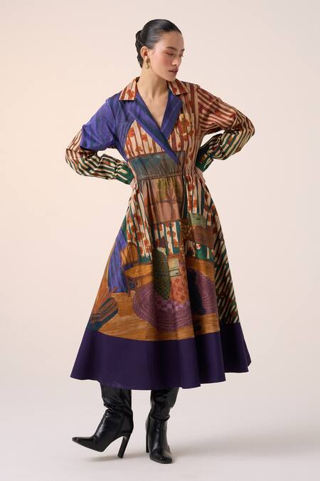 Cord_Multi Color Cotton Collared Home Alone Print Midi Dress _at_Aza_Fashions