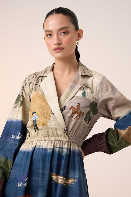 Cord_Multi Color Cotton Collared Village Print Midi Dress _Online_at_Aza_Fashions