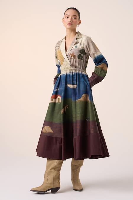 Buy_Cord_Multi Color Cotton Collared Village Print Midi Dress _Online_at_Aza_Fashions