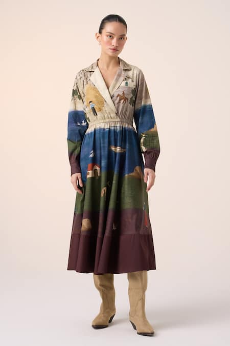 Shop_Cord_Multi Color Cotton Collared Village Print Midi Dress _Online_at_Aza_Fashions