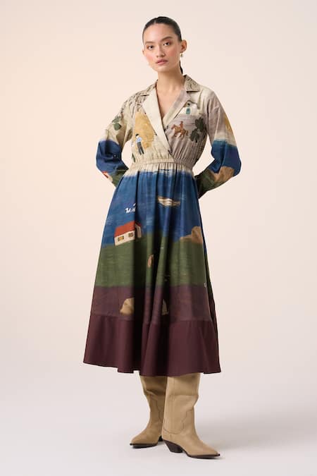 Cord_Multi Color Cotton Collared Village Print Midi Dress _at_Aza_Fashions