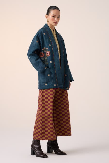 Shop Cord Blue Linen Embroidery Open Neck Floral Applique Kimono Jacket at Aza Fashions Shop_Cord_Blue Linen Embroidery Open Neck Floral Applique Kimono Jacket _at_Aza_Fashions