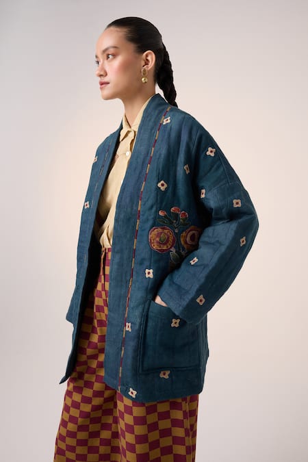 Buy Cord Blue Linen Embroidery Open Neck Floral Applique Kimono Jacket And Pant Set Online at Aza Fashions Buy_Cord_Blue Linen Embroidery Open Neck Floral Applique Kimono Jacket And Pant Set _Online_at_Aza_Fashions