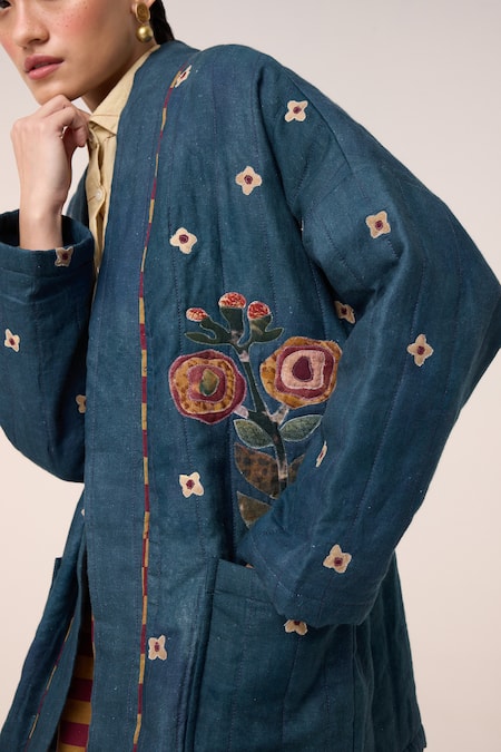 Shop Cord Blue Linen Embroidery Open Neck Floral Applique Kimono Jacket And Pant Set Online at Aza Fashions Shop_Cord_Blue Linen Embroidery Open Neck Floral Applique Kimono Jacket And Pant Set _Online_at_Aza_Fashions