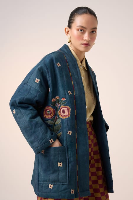 Cord Blue Linen Embroidery Open Neck Floral Applique Kimono Jacket And Pant Set at Aza Fashions Cord_Blue Linen Embroidery Open Neck Floral Applique Kimono Jacket And Pant Set _at_Aza_Fashions