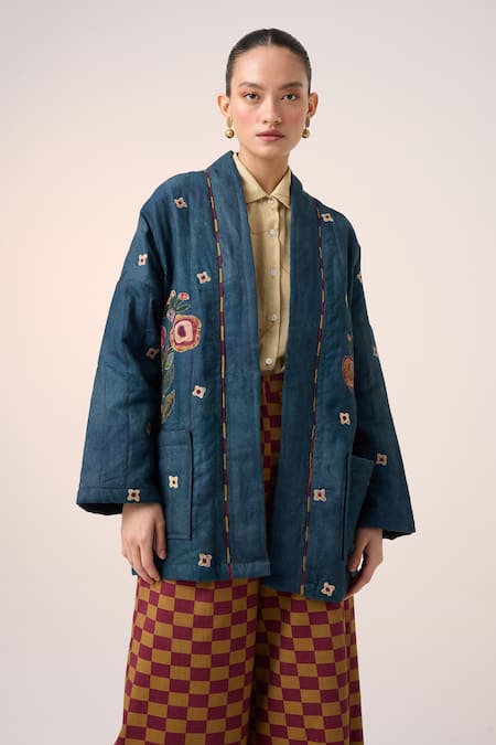 Buy Cord Blue Linen Embroidery Open Neck Floral Applique Kimono Jacket And Pant Set Buy_Cord_Blue Linen Embroidery Open Neck Floral Applique Kimono Jacket And Pant Set