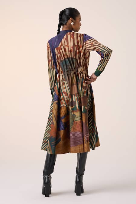 Shop_Cord_Multi Color Cotton High Neck Home Alone Print Midi Dress _at_Aza_Fashions