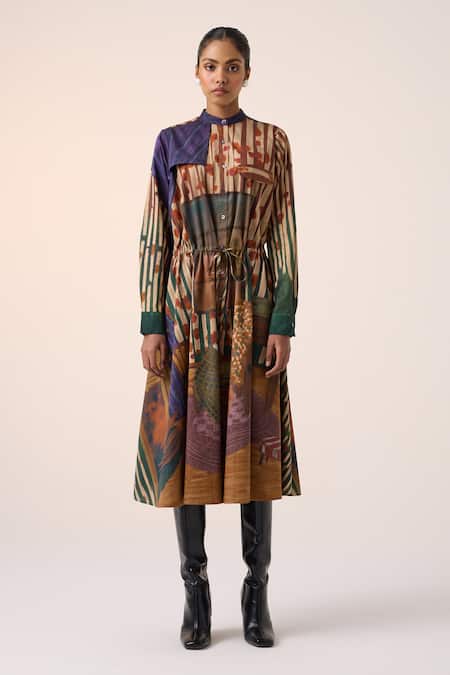 Cord_Multi Color Cotton High Neck Home Alone Print Midi Dress _Online_at_Aza_Fashions