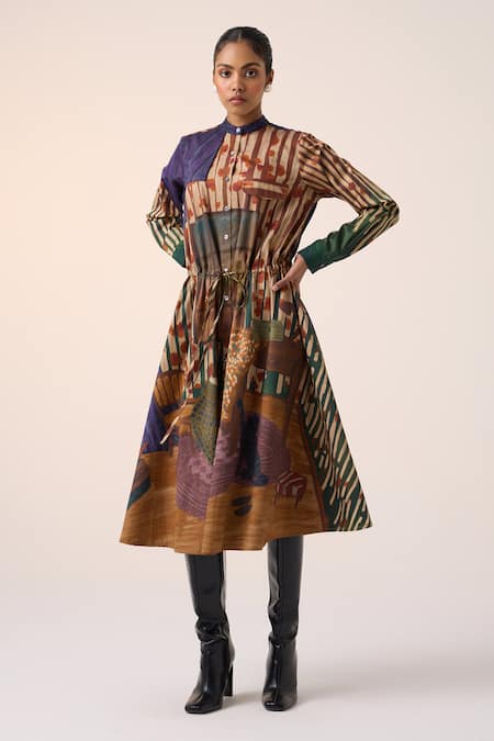 Buy_Cord_Multi Color Cotton High Neck Home Alone Print Midi Dress _Online_at_Aza_Fashions