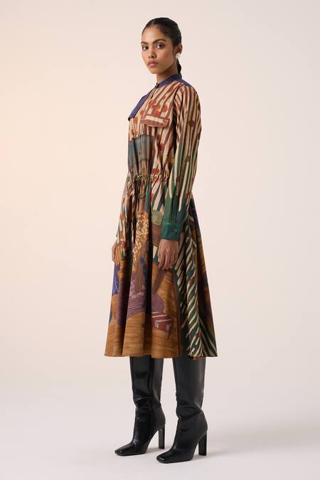 Shop_Cord_Multi Color Cotton High Neck Home Alone Print Midi Dress _Online_at_Aza_Fashions