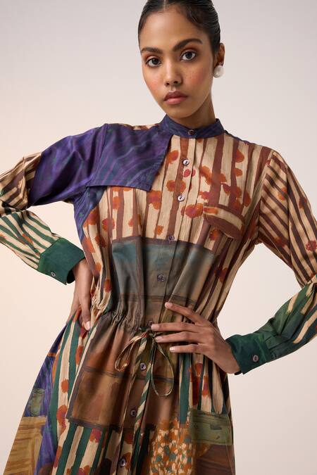 Cord_Multi Color Cotton High Neck Home Alone Print Midi Dress _at_Aza_Fashions