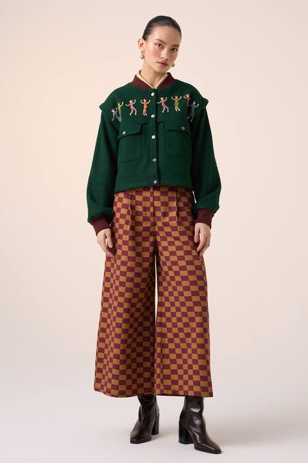 Shop_Cord_Maroon Cotton Chequered Wide Leg Pant _at_Aza_Fashions