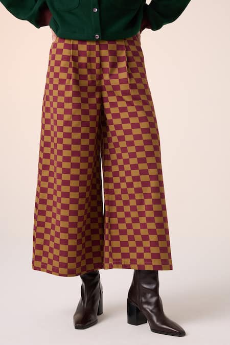 Cord_Maroon Cotton Chequered Wide Leg Pant _Online_at_Aza_Fashions