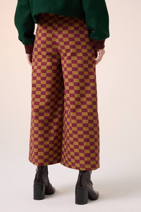 Buy_Cord_Maroon Cotton Chequered Wide Leg Pant _Online_at_Aza_Fashions