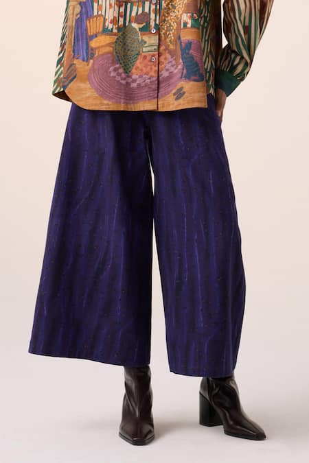 Cord_Purple Cotton Home Alone Print Wide Leg Pant _Online_at_Aza_Fashions