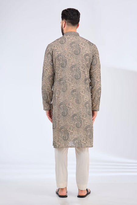 Shop_Kasbah_Beige Chanderi Zari, Embroidery Paisley Kurta_at_Aza_Fashions