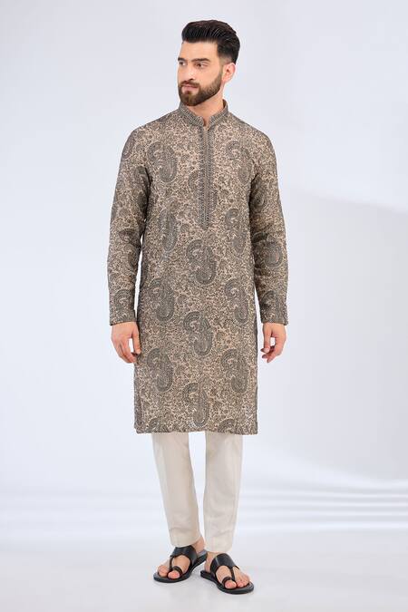 Kasbah_Beige Chanderi Zari, Embroidery Paisley Kurta_Online_at_Aza_Fashions