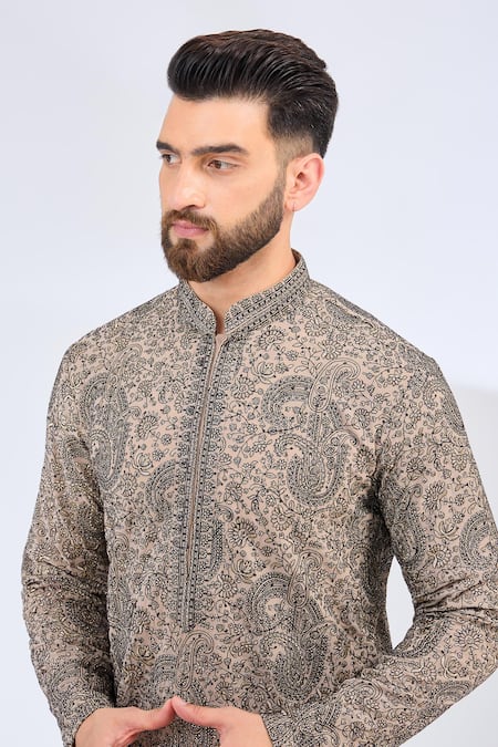 Buy_Kasbah_Beige Chanderi Zari, Embroidery Paisley Kurta_Online_at_Aza_Fashions