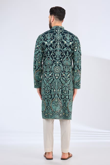 Shop Kasbah Green Georgette Embroidery Flora Fauna Kurta at Aza Fashions Shop_Kasbah_Green Georgette Embroidery Flora Fauna Kurta _at_Aza_Fashions