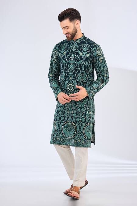 Kasbah Green Georgette Embroidery Flora Fauna Kurta Online at Aza Fashions Kasbah_Green Georgette Embroidery Flora Fauna Kurta _Online_at_Aza_Fashions