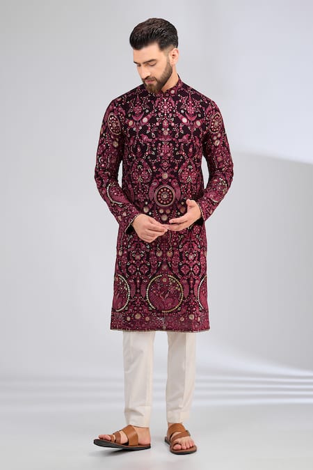 Kasbah Maroon Georgette Embroidery Floral Thread Kurta Online at Aza Fashions Kasbah_Maroon Georgette Embroidery Floral Thread Kurta _Online_at_Aza_Fashions