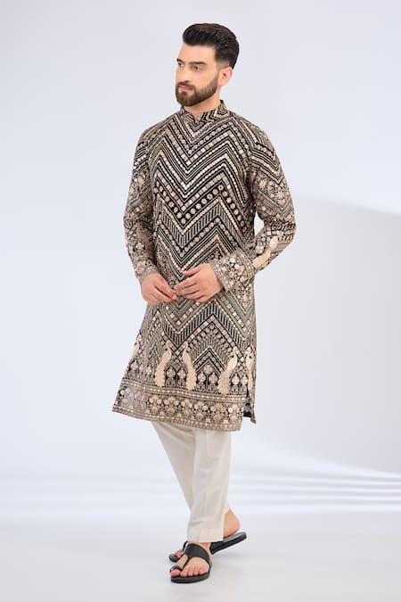 Kasbah_Black Georgette Embroidery Peacock Motif Kurta _Online_at_Aza_Fashions