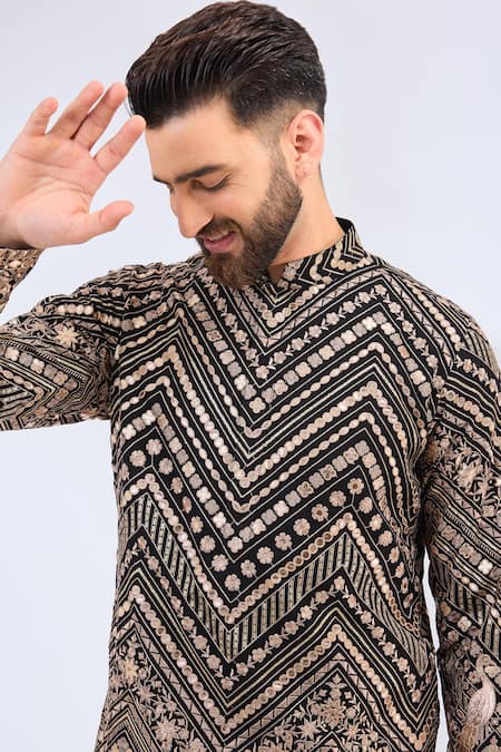 Buy_Kasbah_Black Georgette Embroidery Peacock Motif Kurta _Online_at_Aza_Fashions