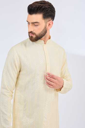 Buy_Kasbah_Ivory Silk Sequins, Embroidery On Kurta _Online_at_Aza_Fashions