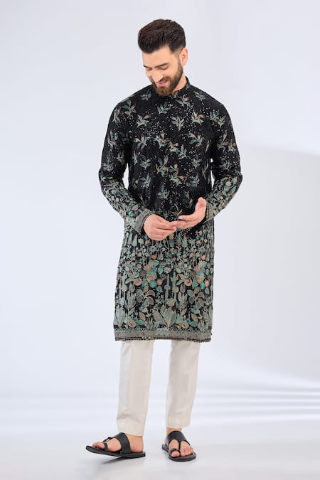 Kasbah Black Georgette Embroidery Floral Thread Kurta Online at Aza Fashions Kasbah_Black Georgette Embroidery Floral Thread Kurta _Online_at_Aza_Fashions