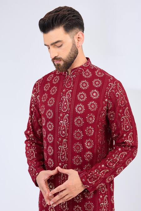 Buy_Kasbah_Red Georgette Embroidery Paisley Thread Kurta _Online_at_Aza_Fashions