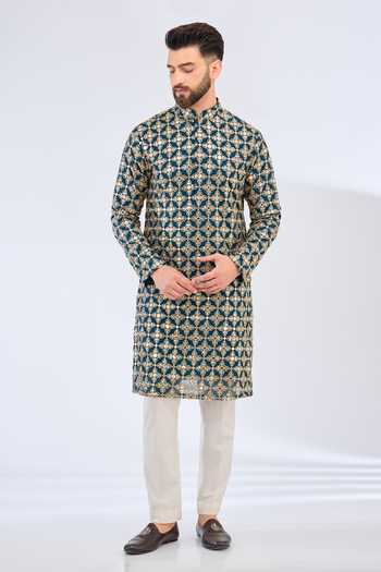 Kasbah_Blue Georgette Mirrors, Zari And Embroidered Kurta _Online_at_Aza_Fashions