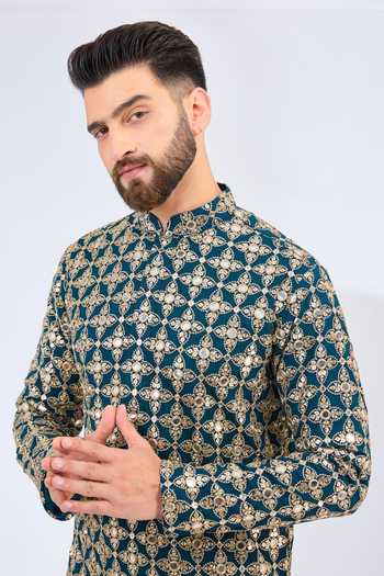 Buy_Kasbah_Blue Georgette Mirrors, Zari And Embroidered Kurta _Online_at_Aza_Fashions