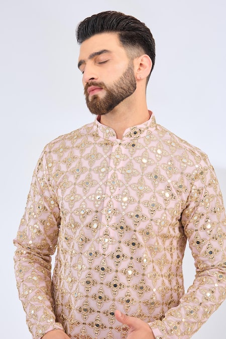 Kasbah_Pink Georgette Mirrors, Zari Embroidered And Work Kurta _Online_at_Aza_Fashions