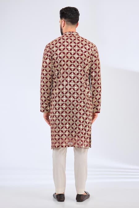 Shop Kasbah Maroon Georgette Mirrors, Zari Embroidered Straight Kurta at Aza Fashions Shop_Kasbah_Maroon Georgette Mirrors, Zari Embroidered Straight Kurta _at_Aza_Fashions