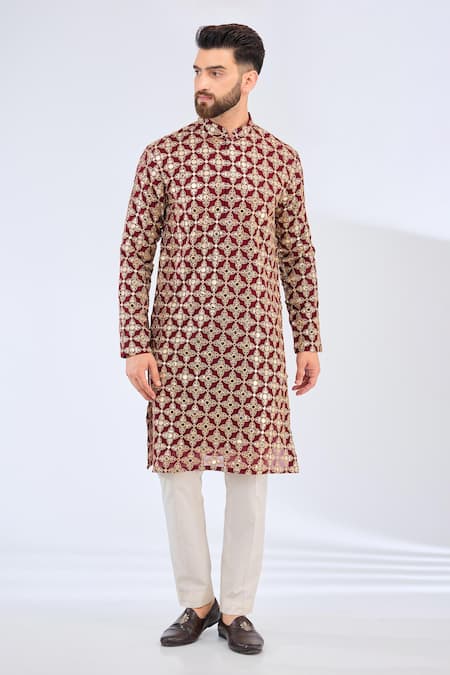 Kasbah Maroon Georgette Mirrors, Zari Embroidered Straight Kurta Online at Aza Fashions Kasbah_Maroon Georgette Mirrors, Zari Embroidered Straight Kurta _Online_at_Aza_Fashions