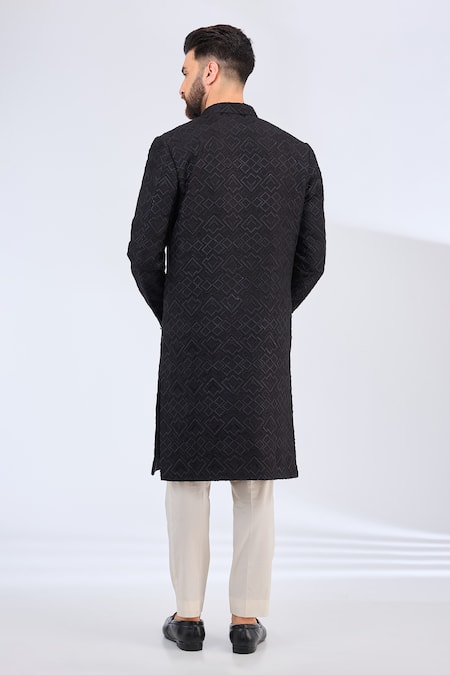 Shop_Kasbah_Black Silk Embroidery Thread Sherwani _at_Aza_Fashions