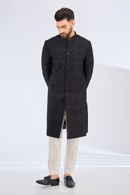 Kasbah_Black Silk Embroidery Thread Sherwani _Online_at_Aza_Fashions