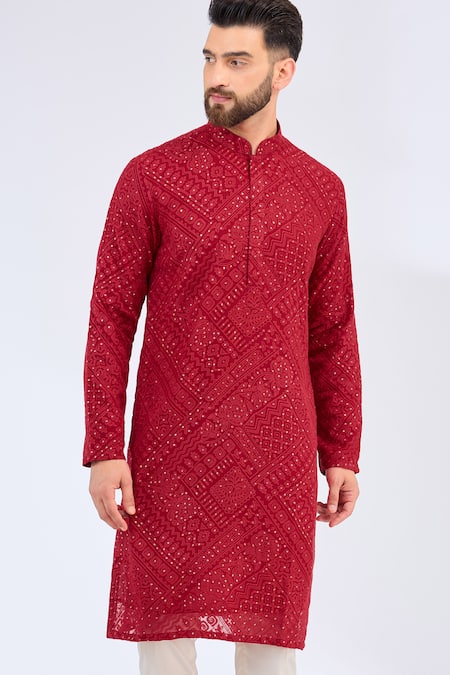 Kasbah_Red Georgette Sequins, Embroidery Thread Kurta _Online_at_Aza_Fashions