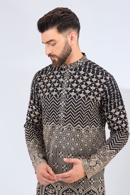 Buy_Kasbah_Black Georgette Zari Embroidered Straight Kurta _Online_at_Aza_Fashions