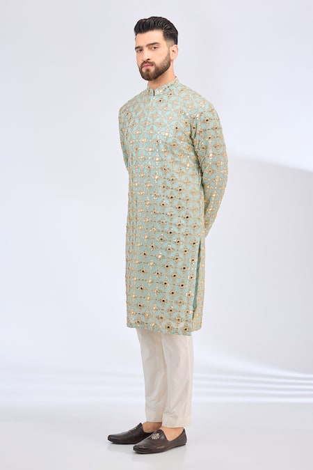 Kasbah_Blue Georgette Mirrors, Zari And Embroidered Kurta _Online_at_Aza_Fashions